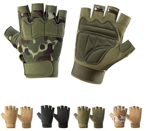 CubePlug Atmungsaktive gepolsterte fingerlose Motorradhandschuhe für Herren, Halbfinger-Handschuhe für Radfahren, Wandern, Klettern, Outdoor-Sportarten (Camouflage-Grün, M)