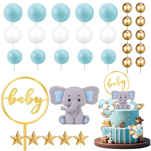 Radsocken 32 Pcs Elephant Cake Toppers Balls Decoration | Blue Baby Boy Cake Decoration for Baby Shower Birthday Party Supplies