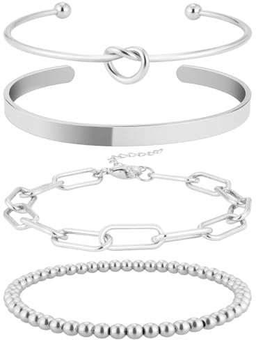 WATEFOER 4 Stück Armreif Damen Gold, Armband 14K Vergoldet, Armband Verstellbar Damen, Twist Schlange Kubanische Büroklammer Armbänder Schmuck für Damen Mädchen (Silber-01)