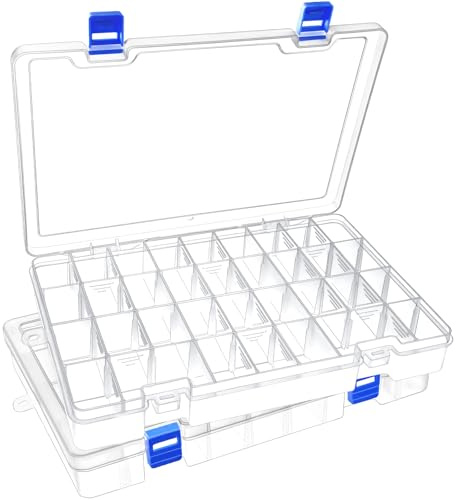 Mgood Sortierbox mit verstellbaren Trennwänden, 34 Fächer, Weiß | 2 Stück, mit Deckel und Aufhängeloch, transparenter Kunststoff, für Perlen, Schrauben, Schmuck, Bastelbedarf, Angelzubehör