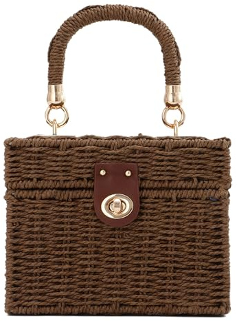 SUKUTU Handgeflochtene Rattantasche für Frauen Geflochtener Strohhalm Square Crossbody Bag Vintage Korb Handtasche Strand Tragetasche
