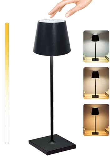 Cakkone Rechargeable Lamp with 3 Color Modes, Metal Cordless Lamps Touch Dimming, Wireless Lamp IP54 Waterproof, Rechargeable Table Lamp for Restaurant Bedroom Indoor Outdoor, Black