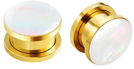 Wycian Perle Gold Tunnel 12mm zum Schrauben - Edelstahl Set Perlmutt Vergoldet Chirurgenstahl 316L 2er Set - Gewinde Spirale für Damen