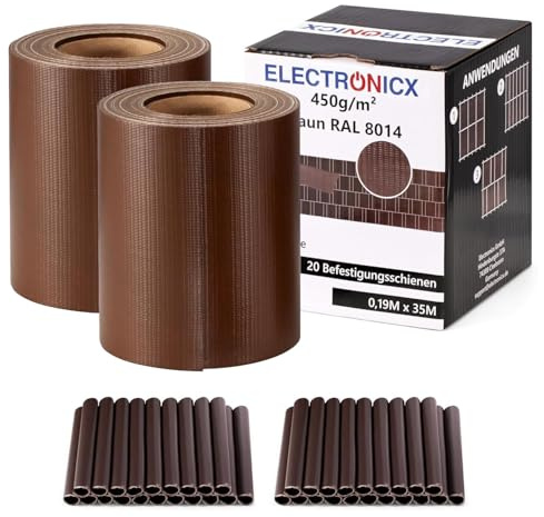 Electronicx PVC Sichtschutzstreifen Braun (RAL 8014) | Sichtschutz Zaunfolie Doppelstabmatten | 70m (2x35m) x 19 cm | 450g/m² | UV-beständig, Blickdicht, inkl. 40 Befestigungsclips