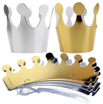 30 Stück Geburtstags kronen,Papierkronen,Party Krone Hut,Krone aus Papier,Papier Partyhüte,Geburtstagskrone Set mit Seil,für Baby Shower Geburtstagsfeier Foto Requisiten,25.5x9.3cm,Gold 15 Silber 15