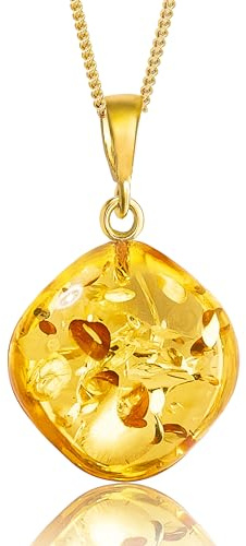Amber by Mazukna – Baltischer Bernstein-Anhänger für Frauen, Funkelnder Bernstein-Tropfen mit Flocken, Vergoldetes Sterlingsilber ag925, Cognacfarbener Schmuck für Damen, 45cm Lange