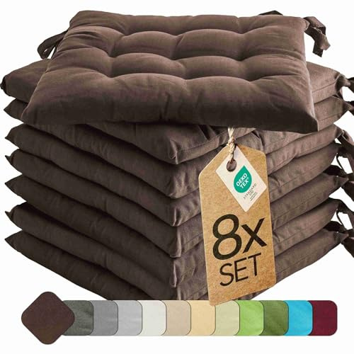etérea 8er Set Sitzkissen Outdoor 40x40 mit Bändern - Stuhlkissen Braun für Gartenstuhl & Innenbereich - waschbare Sitzauflagen Gartenmöbel - 8 Stück Kissen 40x40 cm - Braun