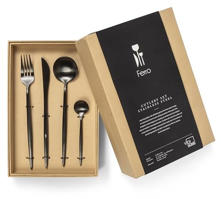 VIDI Ferro Besteckset in Schwarzer Rauch | 24-teiliges Hochwertiger Besteck Set 6 Personen | Rostfrei und Spülmaschinenfest Bestecksets | Löffel Gabeln und Messer Besteckset