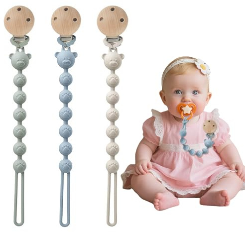 Attache-tétine en silicone - Jouets pour bébé - Lot de 3 attaches - Accessoires pour poussettes, chaises hautes, berceaux, lits bébé, sièges auto, couffins (Bleu/Vert/Beige)