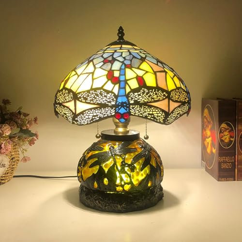 BOTOWI Libelle Lampe Tiffany Stil Tischlampe Buntglas Lampe Schlafzimmer Nachttisch Lesepult Licht für Wohnen Büro Schlafsaal Retro Akzent Dekor 12 Zoll Nachttisch Lampen,Gelb