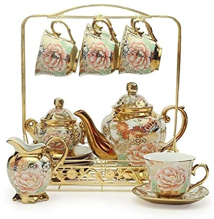 BOGAZY Teekanne Teekanne Set 16-teiliges Keramik-Teeset, Europäisches Retro-Blumen-Porzellan-Kaffeeset Mit Halter, Untertassen, Zuckerdose, Milchkessel Für Zuhause Teeservice Japanische