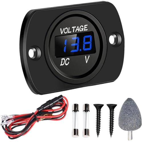 DAOKAI Battery Voltage Meter,DC12V 24V Car Voltmeter,LED Digital Display Panel Waterproof Round Volt Tester Gauge Meter with Terminals for car Truck RV ATV Boat (Blue LED Display)