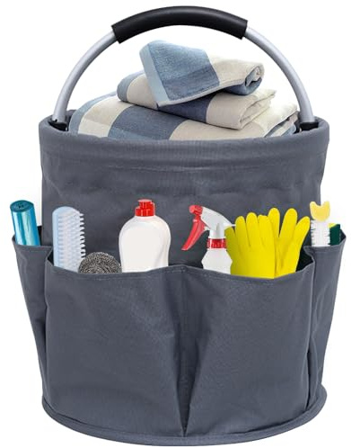 XEERUN Freestanding Tool Basket, Cleaning Supplies Organiser, Cleaning Caddy, Portable Cleaning Bag, Foldable Cleaning Bag, with Handle and 6 Pockets, for Indoor, Garden, Navy Blue