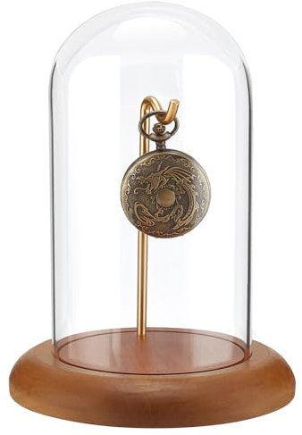 PH PandaHall Watch Glass Display Dome Cloche Pocket Watch Display Jar with Hook Clear Glass Dome with Wood Base Watch Ornament for Father's Day Gift Watch Plants Display Collectibles 14.5x19.5cm