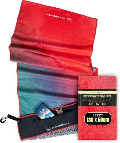 WOODSANDWAVES Fitness Handtuch 50x125 cm mit Design, Geräteüberzug, Magnetclip & Reißverschlusstasche – Sporthandtuch aus recyceltem PET für Gym – schnelltrocknend, geruchsneutral
