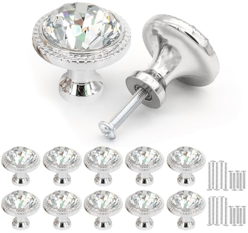 Misuyue Möbelknöpfe Vintage, Schick Kristall Schrankknöpfe, Kristallglas Schubladenknöpfe, 10 Stück 32mm Knöpfe für Schränke, Möbel, Küchenschränke, Kleiderschrank (Silbrig)