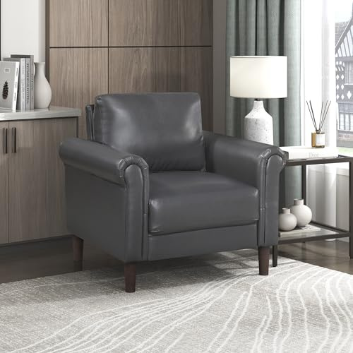 Lexicon 35 W Living Room Accent Chair, Faux Leather Upholstered Armchair with Rolled Arm for Bedroom/Office/Waiting Room, Single Sofa Chair, Dark Gray
