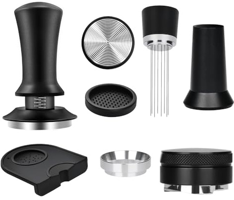 DENEWERK 51mm Kaffee Tamper aus 304 Edelstahl | Espresso Nadel Kaffeestampfer Kaffeestempel WDT Tool inkl. Tampermatte Kaffeerührer Kaffeepulverring Espresso-Verteiler