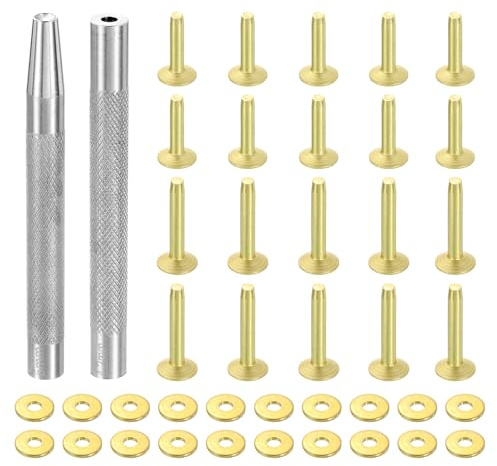 sourcing map 20Set Copper Rivets and Burrs, 9x3.3x14mm and 9x3.3x19mm Solid Leather Copper Rivet Fastener with Punch Rivet Tool for Leather DIY Craft Supplies, Gold Tone
