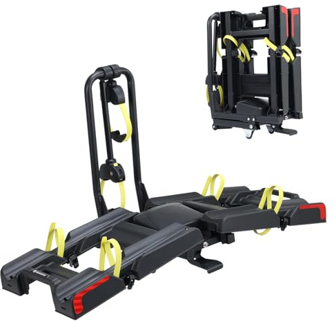 Gearantics 2 E-Bike Foldable Hitch Mount Bike Rack for 2 Receiver SUV & Trucks, Up to 4'' Fat Tire, Lockable Hitch Racks for E-Bike with Ramp and Wheels, 180 LBS Capacity