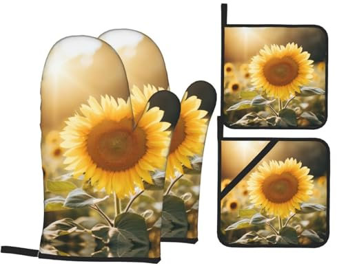 Guanti da forno a forma di cuore con stampa di girasole e presine resistenti al calore, per cucinare e grigliare
