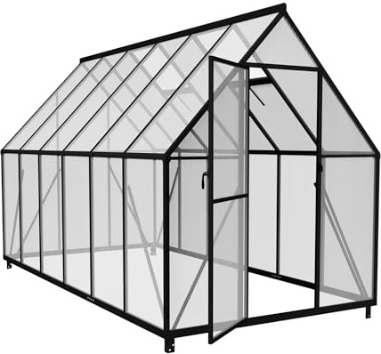 PEILU Serra in alluminio con pannelli in PC trasparente, lucernario e porta e fondazione 340x180x195cm resistente all'inverno, serra da giardino calpestabile, casa per piante da giardino esterno