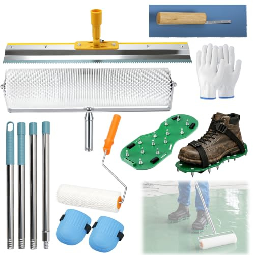 WUDLEP Kit de herramientas de cemento autonivelante que incluye rascador de acero inoxidable, rastrillo autonivelante, zapatos de construcción de pisos, herramientas de pintura epoxi para pisos con
