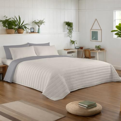 NATURALS - Colcha Bouti Reversible Bicolor | Cama 90/105 (180x260 cm) | Microfibra Extrasuave | Cubrecama Acolchado a Líneas | Ideal Primavera y Verano | Gris/Piedra