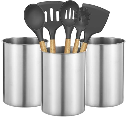 SWEWARM 3PCS Stainless Steel Kitchen Utensil Holders, 5.5 x 7.3 in Cylindrical Countertop Organizer, Dishwasher Safe for Café, Restaurant, and Bakery Use
