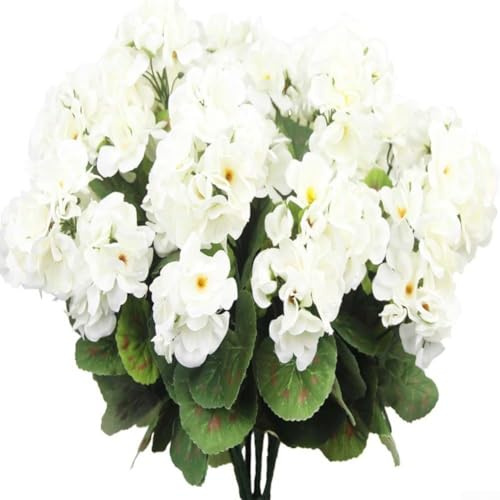 White Artificial Geraniums For Outdoors, 14 Inch Artificial Silk Flowers, Fake Geraniums Flowers, For Garden,Porch,Patio,Home Decor (White)