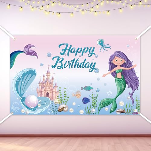 lasuroa Meerjungfrau Geburtstagsbanner, 180x110cm Motto Partydeko Unter dem Meer Hintergrund Foto Requisiten für Mädchen