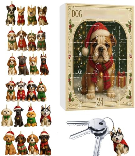 Biniveil Calendrier de l Avent 24 Jours pour Chien, Set de Charmes en Acrylique 2D pour Amoureux des Chiens, Ornements Animaux de Noël pour Porte Fête Rétroviseur Voiture Porche Arbre Balcon Fenêtre
