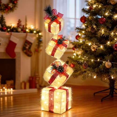 Set of 4 Christmas Lighted Gift Boxes, Stackable Light Up Present Boxes Ornament, Battery Operated Xmas Present Boxes, Illuminated LED Decoration Parcel for Indoor Christmas Tree, Yard, Home Decor