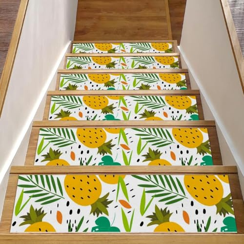RODAILYCAY Alfombra para peldaños de madera con diseño de hojas tropicales, 15 unidades, antideslizantes, 8 x 30 pulgadas, para interiores, alfombrillas de seguridad para niños, ancianos y mascotas