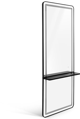 Barberpub Wandspiegel mit Beleuchtung, Ganzkörperspiegel mit Aluminiumrahmen, Großer Spiegel mit Ablage, Touch-Schalter, 3 Lichtfarben Dimmbar, für Friseursalon, 17x65x177 cm, J6271 (Schwarz)