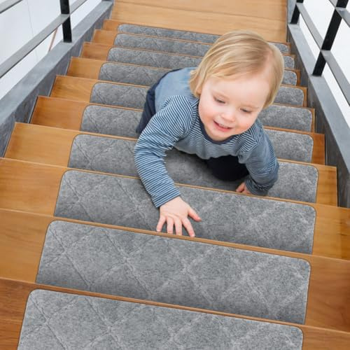 Wapasezyar Lot de 15 tapis d'escalier antidérapants et autocollants pour marches en bois, 55 cm x 19 cm, pour enfants âgés et chiens, gris clair