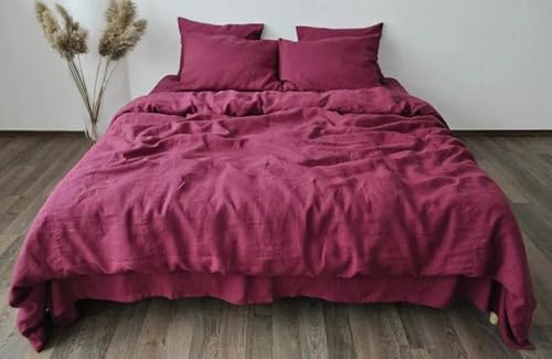 Ghasiram Textiles, Raspberry Linen Bedding Set 1 Duvet Cover and 2 Pillowcases Softened Linen Comforter Cover Set Quilt Cover Set Hidden Closure (Over Size 98x120)