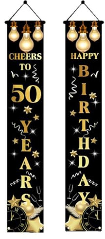 50. Geburtstag Deko Banner,50 Jahr Geburtstagsfeier Schwarz Gold Türbanner Hintergrund Dekoration aus Stoff Happy Birthday Partydeko für Frau Mann (180x30cm)