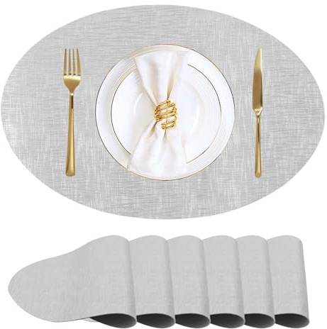 CAMAL Tischset Leder 6er Set Metallic Glanz Platzsets Abwaschbar, 43cm x 30cm Tischset Oval Hitzebeständig Wasserdicht Placemat Leder zum Abendessen, Bankett, Party (Silber)