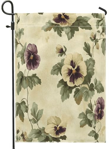 Banderas de jardín de flores de pensamiento de primavera de 12 x 18 pulgadas para exteriores, banderas de lino verticales estándar de flores silvestres vintage, impresión estética para patio delantero