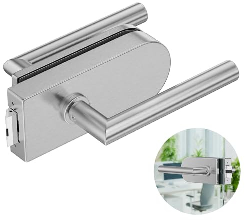 Ranbo Serrure de porte en verre avec double poignée sans clé, nickel brossé | Inox 304, serrure de passage, réversible gauche/droite, verre sans cadre 8–12 mm, perçage requis