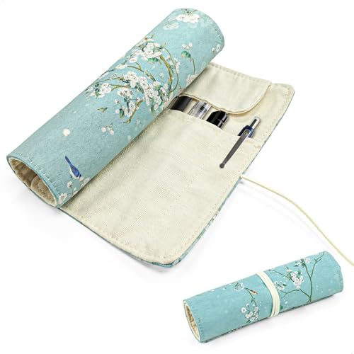 mongtsamz Astuccio Arrotolabile Stile Antico,Porta Penne Capacità,Portapenne Astuccio Multifunzionale,Astuccio Legami Portapenne per Studenti,Disegno e Organizzazione Dell'ufficio,Motivo Floreale Blu