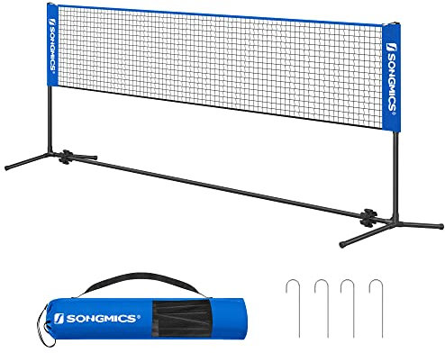 SONGMICS Rete da Badminton Tennis Pallavolo 4 m, con Pali ad Altezza Regolabile, Rete Portatile per Volano Beach Volley, Pickleball, Giardino Parco Esterno, Blu SYQ400