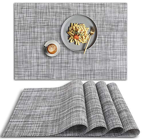 homEdge PVC Placemat, 4 PCS of Non-Slip Heat Resistant Place Mats, Washable Vinyl Placemats, Set of 4 – Gray