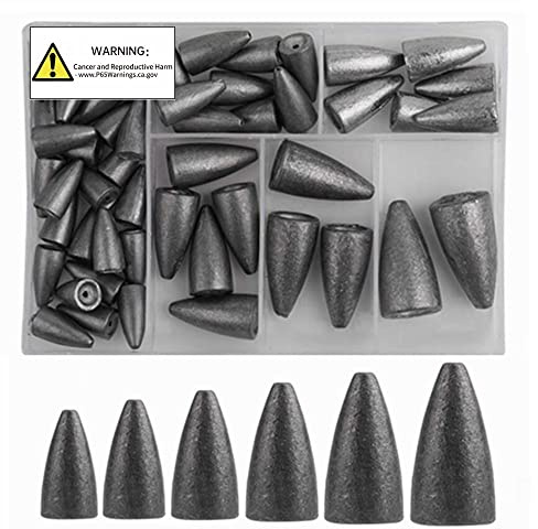 FCFKUK 50Pcs Bullet Lead Fishing Sinkers Weights Kit with Gray Sinkers in 6 Sizes