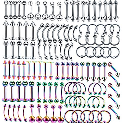 Multi Piercing Set bunt 120x Edelstahl silber Mix Körperschmuck Studs Barbells Silber Bananabells für Ohr Lippe Nase Zunge Bauchnabel Augenbrauen Nippel Piercing Ring Punk 1.2 * 10mm (10)