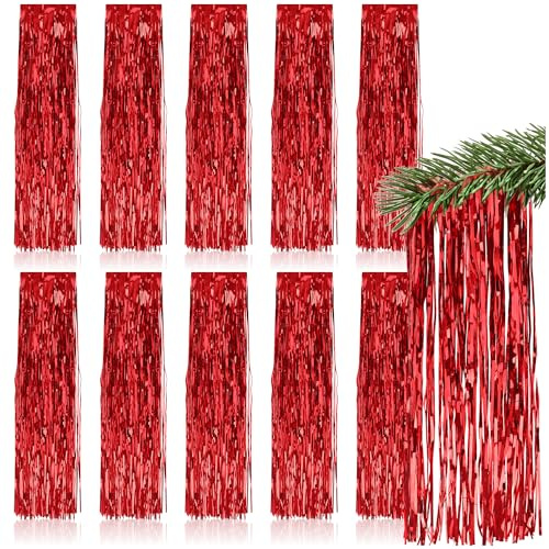 com-four® 10x Lametta Girlande in Rot, Festliche Weihnachtsdekoration | glatter Lametta-Vorhang mit feinen Fäden