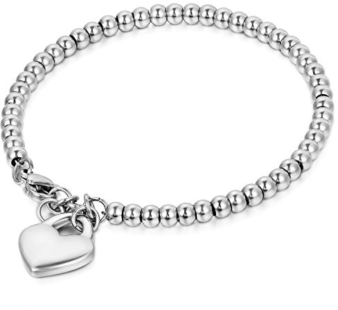JewelryWe Glückliches Armband für Damen, polierter Edelstahl, Armbänder für Bräute, einfache Kugeln, Anhänger mit niedlicher Katze für Glück, 19.5 cm, Edelstahl