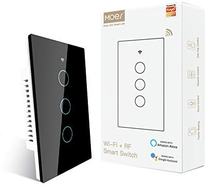 MOES 2.4GHz WiFi Wall Touch Smart Switch Neutral Wire Required, 3 Way Multi-Control, Glass Panel Light Switch Work with Smart Life/Tuya App, RF433 Remote Control, Alexa and Google Home Black 3 Gang