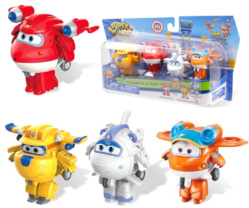Super Wings 2'' Jouets de Transformation Pack de 4, Supercharged Jett, Donnie, Astra, Sunny, Avion Jouet véhicule Mini Figurines, Jouets transformateurs pour garçons et Filles de 3 4 5 6 7 8 Ans